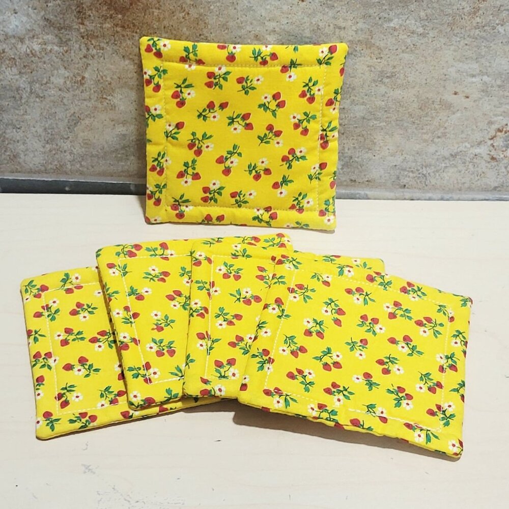 Fabric Coasters Mug Rug Set of 5 Cotton Yellow Strawberries Floral